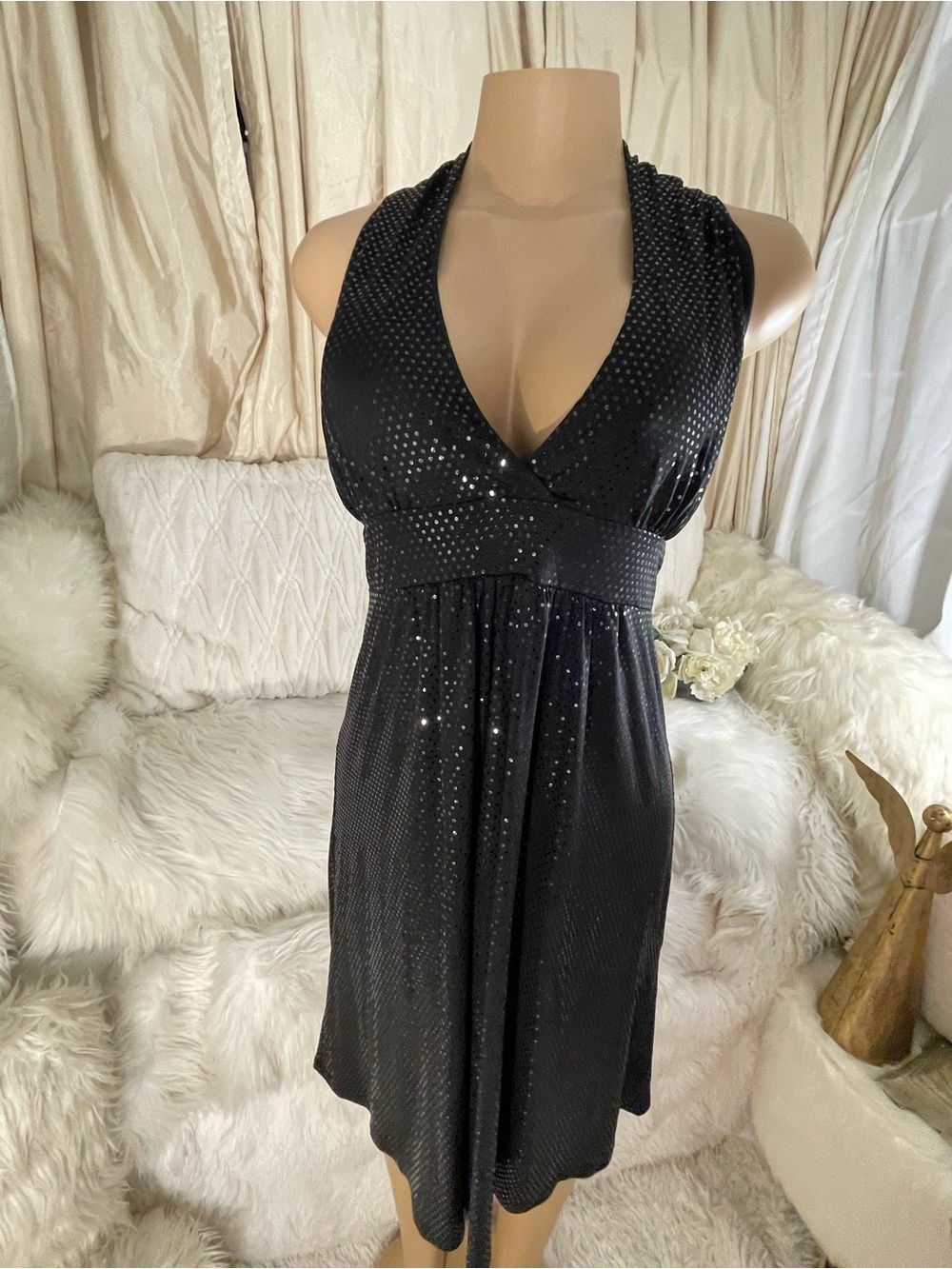Sexy Black Sequin-Detail V-Neck-tie back Halter Dress